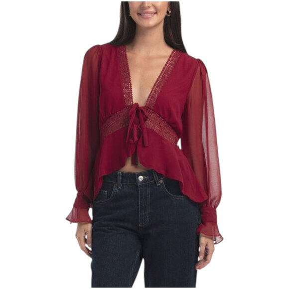 HAVER Solid Pebble Chiffon Blouse With Lace Trim - Picture 1 of 3